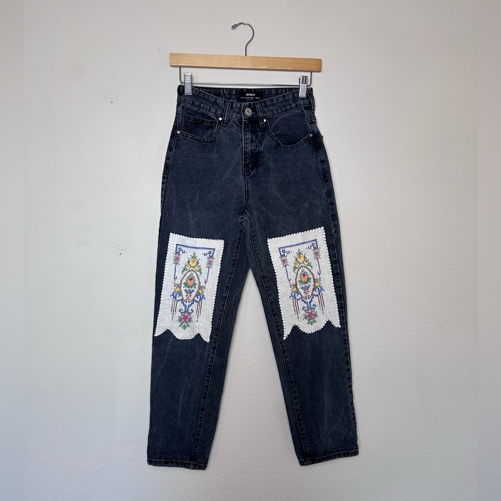 Cotton On Straight Mom Jean Black Denim Embroidered One of a Kind